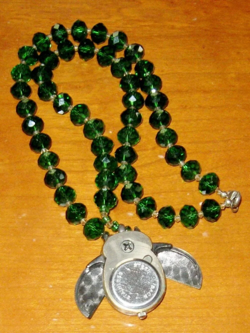 Vintage Owl Clock Pendant w Green Beaded Necklace DBS Quartz Bronzetone Clock